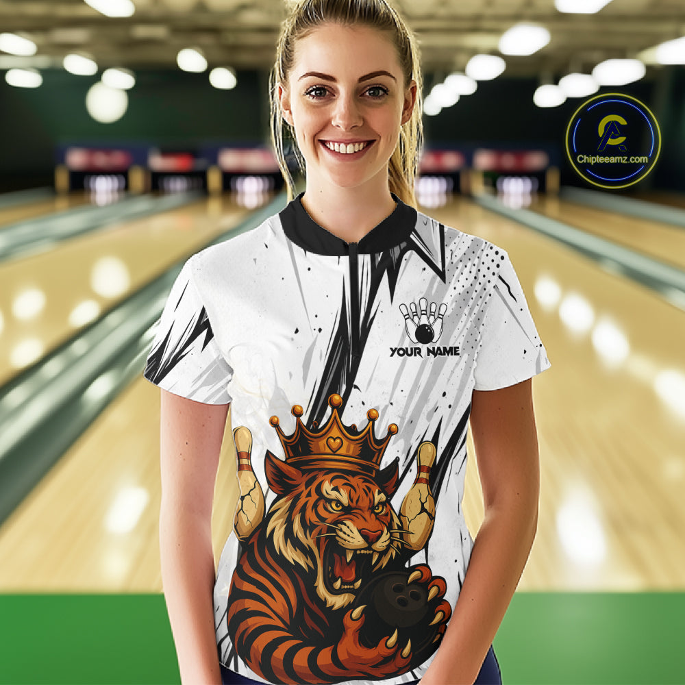 Black and White Tiger Bowling polo, 1/4 zip Shirts for Women Custom Tiger Bowling Team jerseys NQS11298