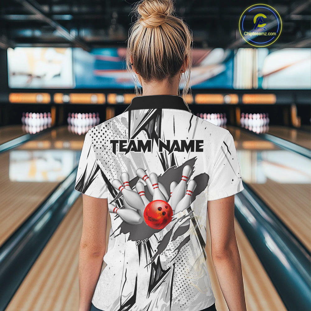 Black and White Tiger Bowling polo, 1/4 zip Shirts for Women Custom Tiger Bowling Team jerseys NQS11298