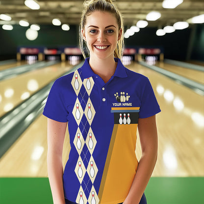 Blue & Yellow Retro Bowling Polo, Quarter Zip shirt for Women Custom vintage team bowling jersey NQS9583