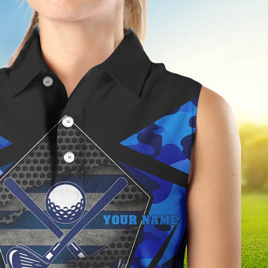 Blue Camo Womens golf shirts sleeveless Custom best ladies golf wear, golfing gifts NQS9734
