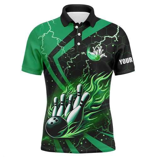 Black and Green flame bowling custom Men Bowling Polo Shirts, team bowling jerseys, bowl gifts NQS7513