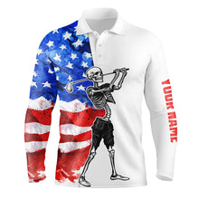 Load image into Gallery viewer, Funny Skull Mens Golf polo shirt watercolor American flag custom patriotic Skull golf apparel NQS5530