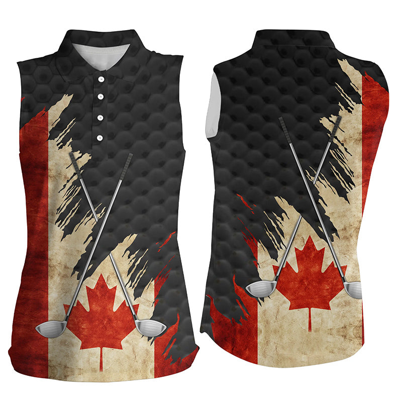 Vintage Canadian flag golf clubs patriotic black Womens sleeveless polo shirts, team ladies golf tops NQS7876