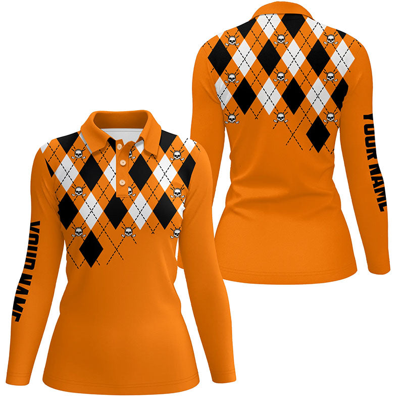 Womens golf polo shirt orange argyle plaid golf skull pattern custom ladies Halloween golf tops NQS6196