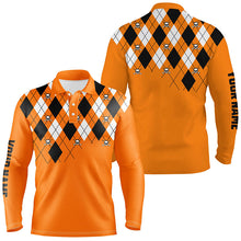 Load image into Gallery viewer, Mens golf polo shirt plus size orange argyle plaid golf skull pattern custom mens halloween golf tops NQS6196