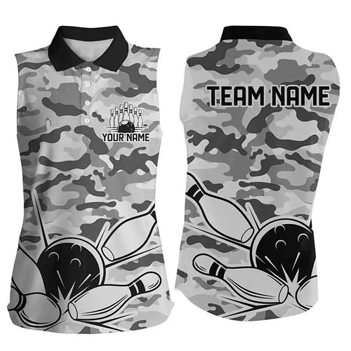 Black Camo Bowling Sleeveless Polo Shirts For Women Custom Bowling Team League Jersey, Gift For Bowler NQS8775