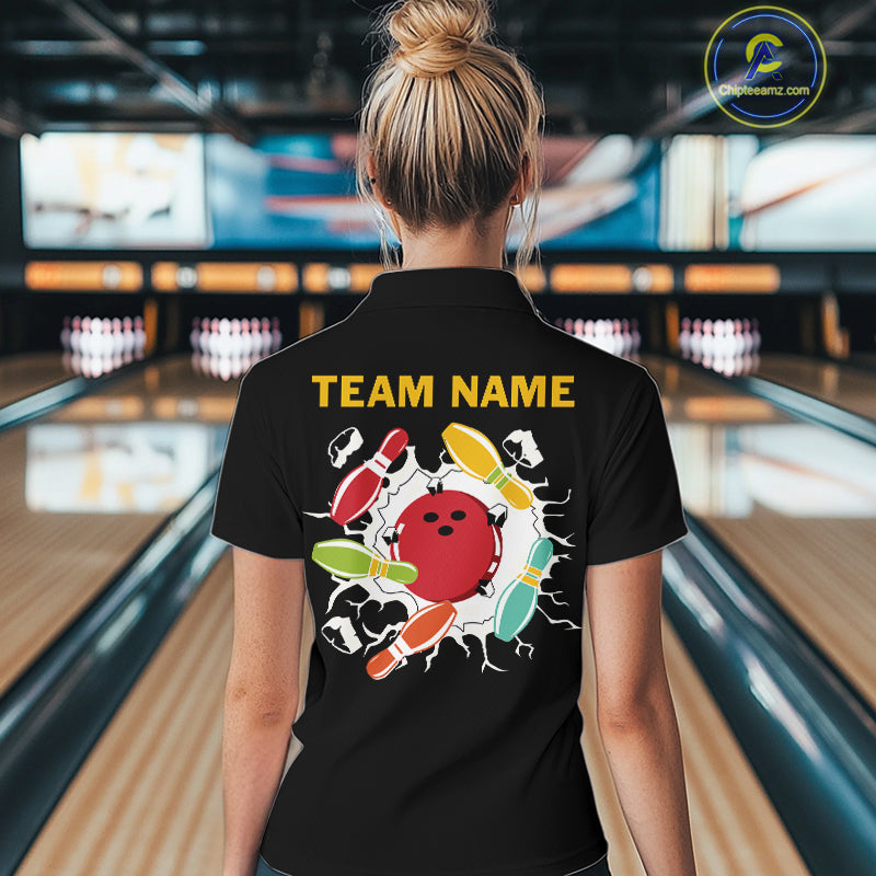 Personalized Black and Colorful Retro Bowling Polo, 1/4 Zip Team Shirt For Women Custom Bowling Gifts NQS11106