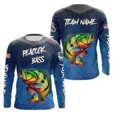 Load image into Gallery viewer, Blue camo Peacock Bass fishing Custom performance long sleeve team Bass fishing tournament shirts NQS9240