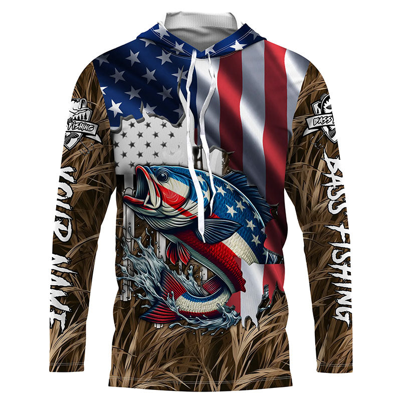 American flag patriotic Largemouth Bass camo fishing, custom mens long sleeve shirts NQS1476