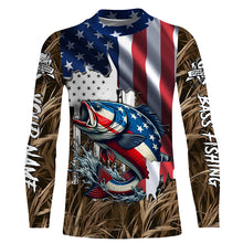 Load image into Gallery viewer, American flag patriotic Largemouth Bass camo fishing, custom mens long sleeve shirts NQS1476