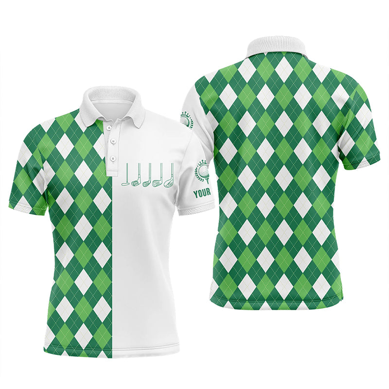 Mens golf polo shirts green and white argyle plaid pattern custom mens golf wear NQS5019