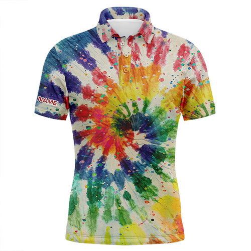 Mens golf polo shirt with colorful tie dye background custom name team golf tops for men golfers NQS5544