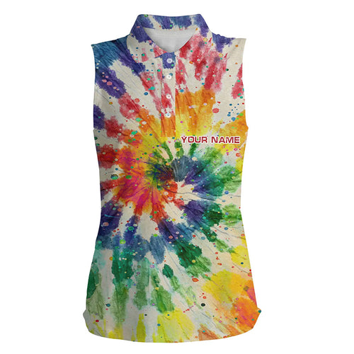 Womens sleeveless polo shirts with colorful tie dye background custom name team golf tops for women NQS5544