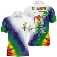 Load image into Gallery viewer, Mens disc golf polo shirts with colorful rainbow tie die disc golf basket custom men disc golf apparel NQS6202