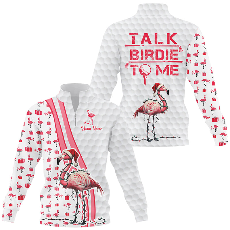 Quarter zip golf sweatshirt custom pink and white flamingo Christmas golf sweater talk birdie to me NQS8778