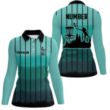 Load image into Gallery viewer, Mint Blue stripe Retro disc golf polo shirt for women custom name and number disc golf jerseys NQS8780