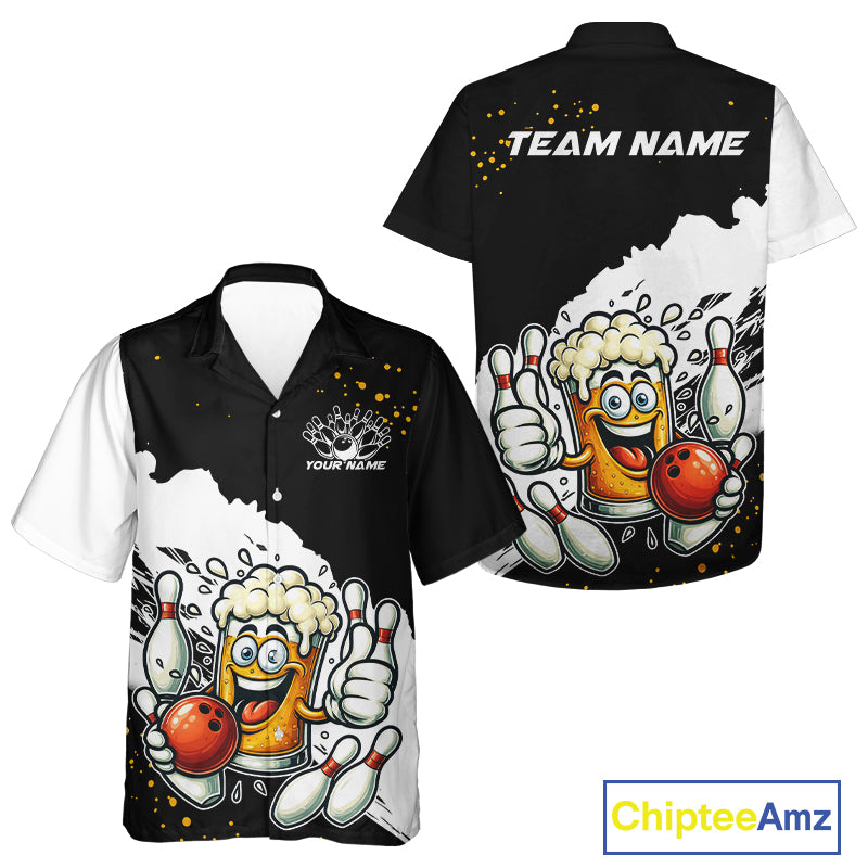 Funny Beer Glass Black and White Bowling Hawaiian Shirt Custom Bowling Team Jersey NQS10933
