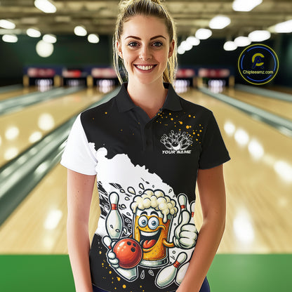 Funny Beer Glass Black and White Bowling Polo, 1/4 Zip Shirts for Women Custom Bowling Team Jersey NQS10933
