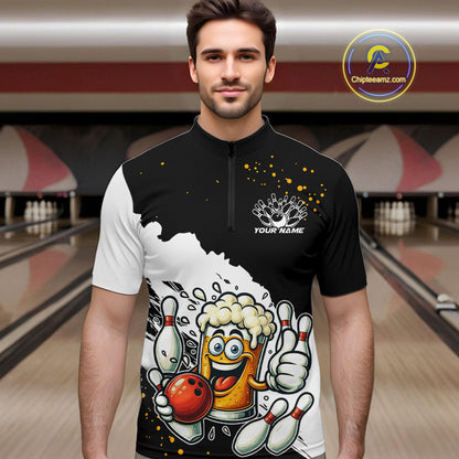 Funny Beer Glass Black and White Bowling Polo, 1/4 Zip Shirts for Men Custom Bowling Team Jersey NQS10933