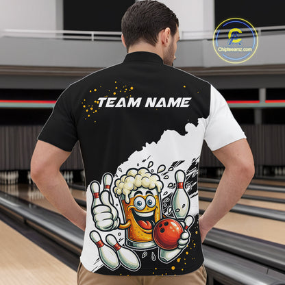 Funny Beer Glass Black and White Bowling Polo, 1/4 Zip Shirts for Men Custom Bowling Team Jersey NQS10933