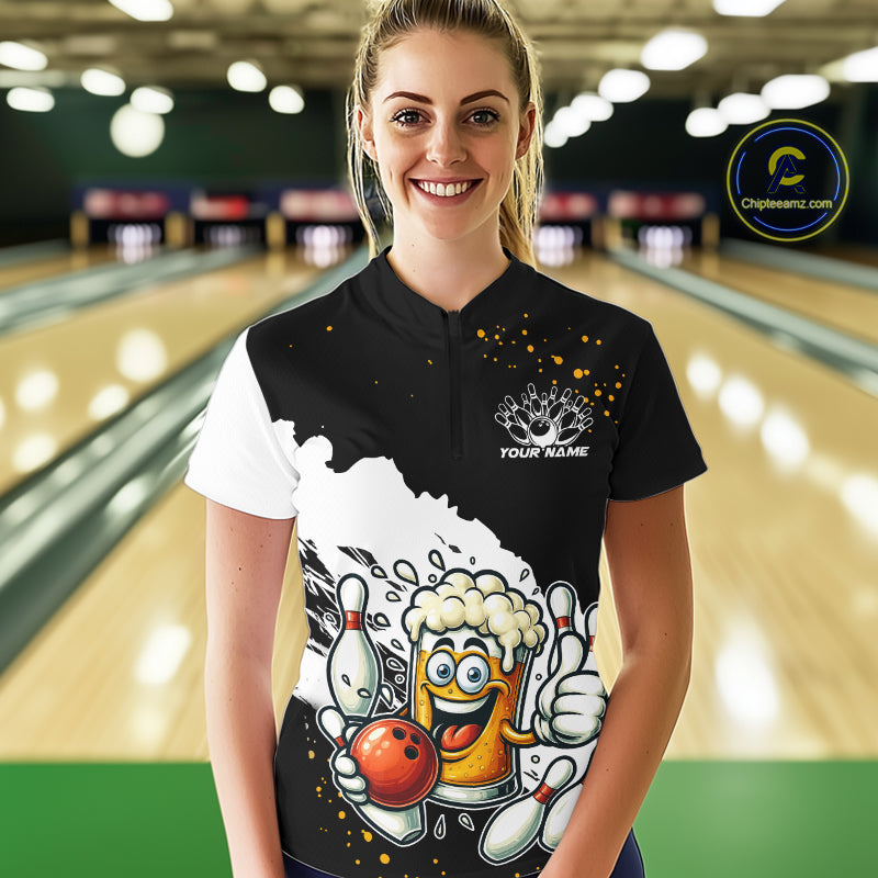 Funny Beer Glass Black and White Bowling Polo, 1/4 Zip Shirts for Women Custom Bowling Team Jersey NQS10933