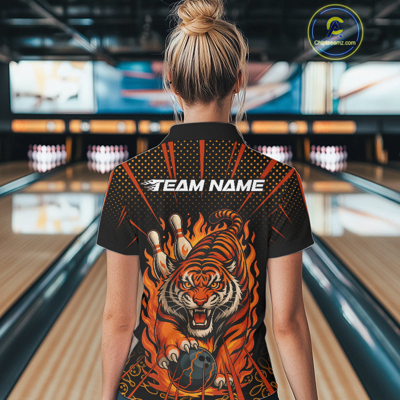 Personalized Tiger Bowling Shirts For Women, Black and Orange Flame Team Tiger Bowling Jerseys NQS11110