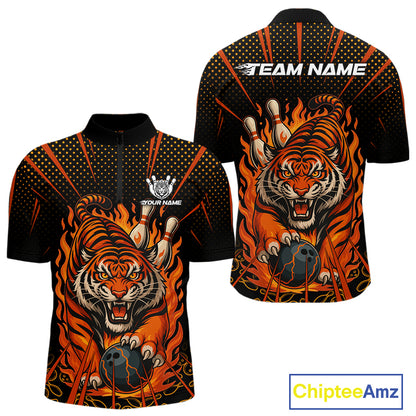 Personalized Tiger Bowling Shirts For men, Black and Orange Flame Team Tiger Bowling Jerseys NQS11110