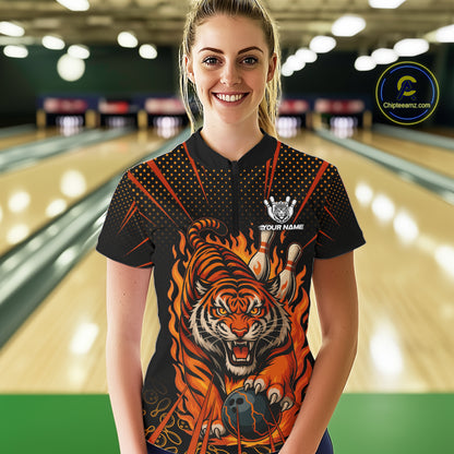 Personalized Tiger Bowling Shirts For Women, Black and Orange Flame Team Tiger Bowling Jerseys NQS11110