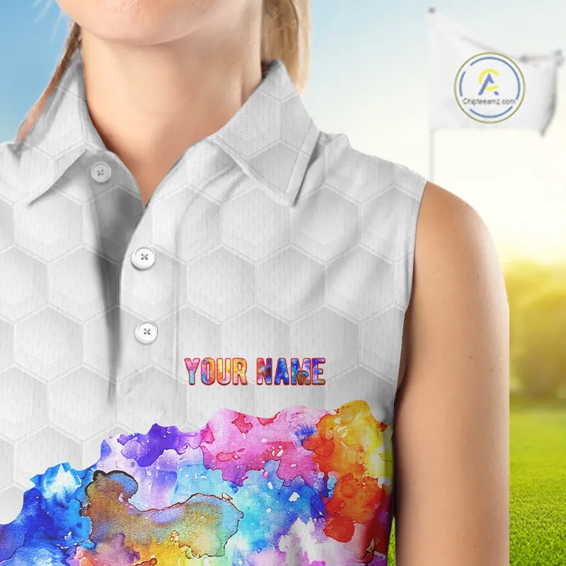 Colorful watercolor Sleeveless polo shirts Custom team golf outfit, Personalized ladies golf top NQS11315