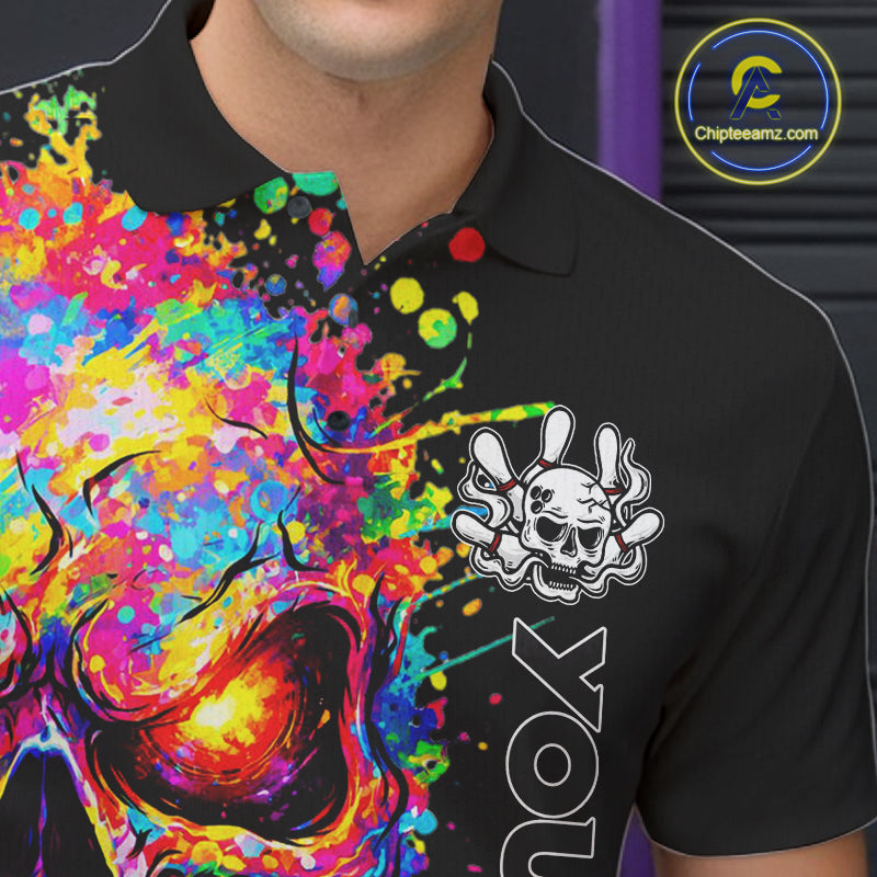Colorful Skull bowling jerseys Bowling Polo, 1/4 zip Shirt Custom Bowling Team shirt for mens bowlers NQS11317