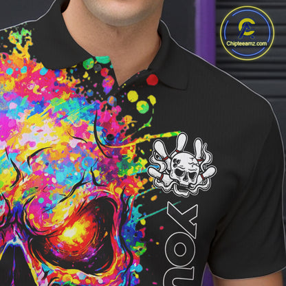 Colorful Skull bowling jerseys Bowling Polo, 1/4 zip Shirt Custom Bowling Team shirt for mens bowlers NQS11317