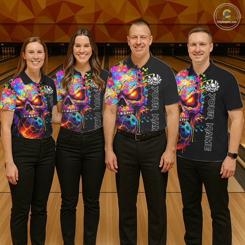 Colorful Skull bowling jerseys Bowling Polo, 1/4 zip Shirt Custom Bowling Team shirt for mens bowlers NQS11317