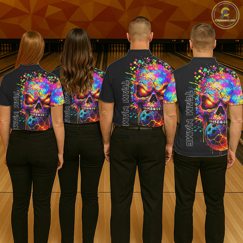 Colorful Skull bowling jerseys Bowling Polo, 1/4 zip Shirt Custom Bowling Team shirt for mens bowlers NQS11317