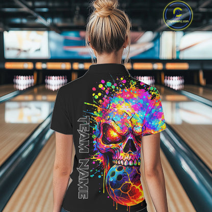 Colorful Skull bowling jerseys Bowling Polo, 1/4 zip Shirt Custom Bowling Team shirt for ladies NQS11317