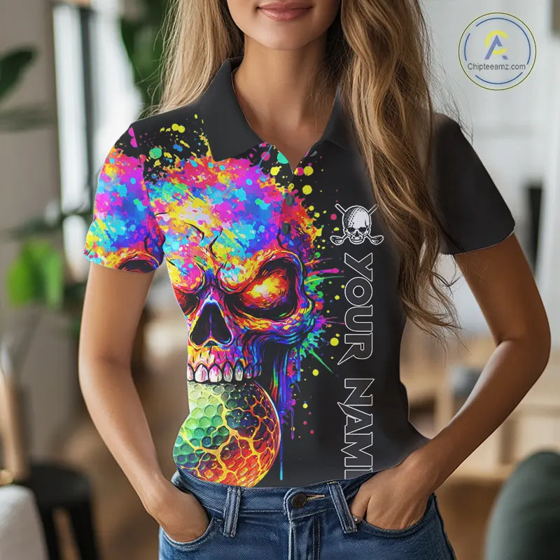 Colorful Skull Golf jerseys Black Golf polo shirts For Women Custom Team ladies golf clothes NQS11318