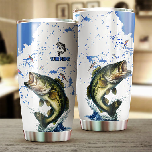 1PC Personalized Blue and white Largemouth bass Fishing Tumbler Cup Custom Name Bass Fishing gifts NQS11522