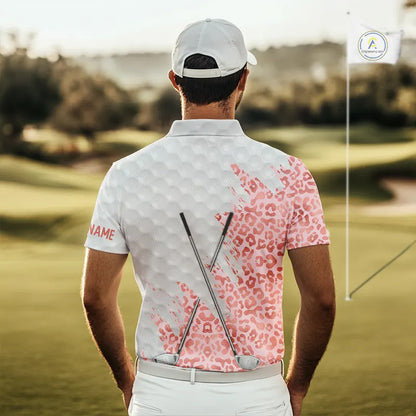 Pink glitter Leopard skin pattern custom name white Mens golf polo shirts, team golf tops for men NQS11526