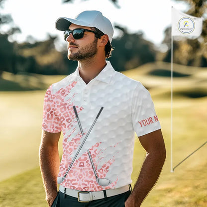 Pink glitter Leopard skin pattern custom name white Mens golf polo shirts, team golf tops for men NQS11526