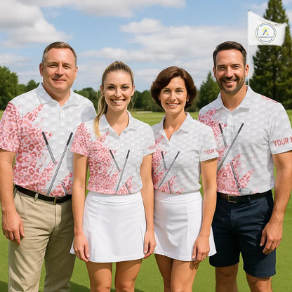 Pink glitter Leopard skin pattern custom name white Mens golf polo shirts, team golf tops for men NQS11526