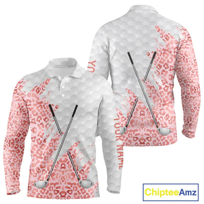 Pink glitter Leopard skin pattern custom name white Mens golf polo shirts, team golf tops for men NQS11526