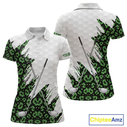Green glitter Leopard skin pattern custom name white Womens golf polo shirts, team ladies golf tops NQS11527