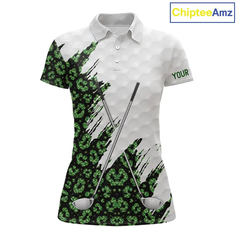 Green glitter Leopard skin pattern custom name white Womens golf polo shirts, team ladies golf tops NQS11527
