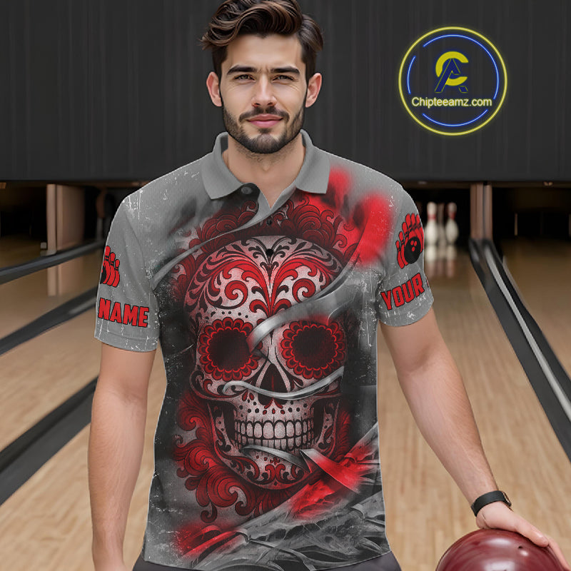Red Sugar Skull Tattoo Custom Mens Bowling Polo, Quarter Zip Shirts,Team Bowling Jerseys NQS11528