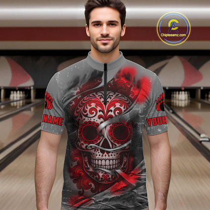 Red Sugar Skull Tattoo Custom Mens Bowling Polo, Quarter Zip Shirts,Team Bowling Jerseys NQS11528
