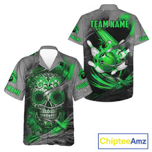 Load image into Gallery viewer, Green Sugar Skull Tattoo Custom Bowling Hawaiian Shirt, Team Bowling button up shirt NQS11529