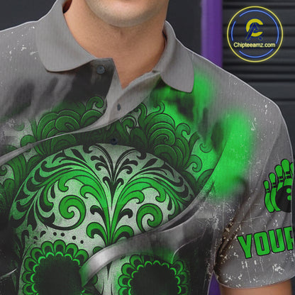 Green Sugar Skull Tattoo Custom Mens Bowling Polo, Quarter Zip Shirts,Team Bowling Jerseys NQS11529