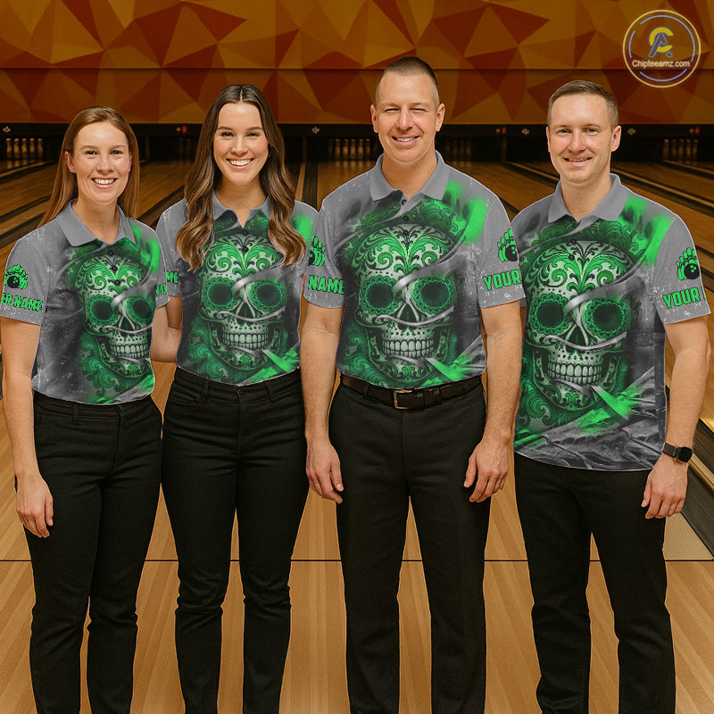Green Sugar Skull Tattoo Custom Women Bowling Polo, Quarter Zip Shirts,Team Bowling Jerseys NQS11529