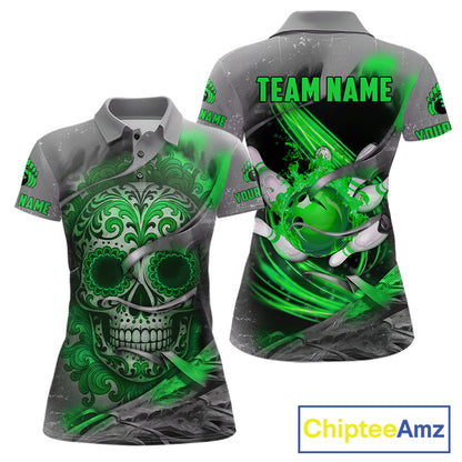 Green Sugar Skull Tattoo Custom Women Bowling Polo, Quarter Zip Shirts,Team Bowling Jerseys NQS11529