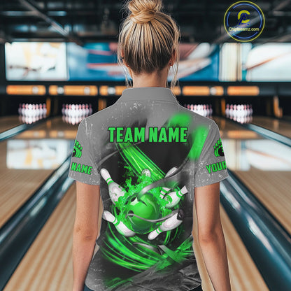 Green Sugar Skull Tattoo Custom Women Bowling Polo, Quarter Zip Shirts,Team Bowling Jerseys NQS11529