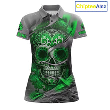 Load image into Gallery viewer, Green Sugar Skull Tattoo Custom Women Bowling Polo, Quarter Zip Shirts,Team Bowling Jerseys NQS11529